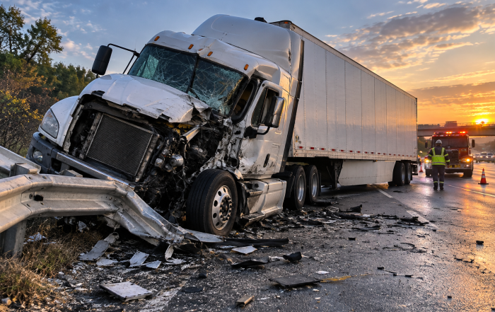 Wrecked semi truck against a highway guardrail at sunset
