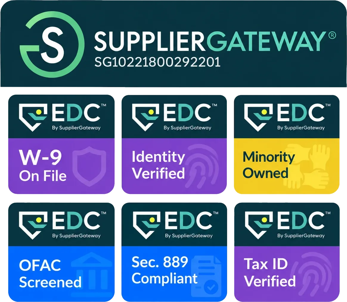SupplierGateway SG10221800292201 credentials: W-9 on file, identity verified, minority owned, OFAC screened, Sec. 889 compliant, tax ID verified