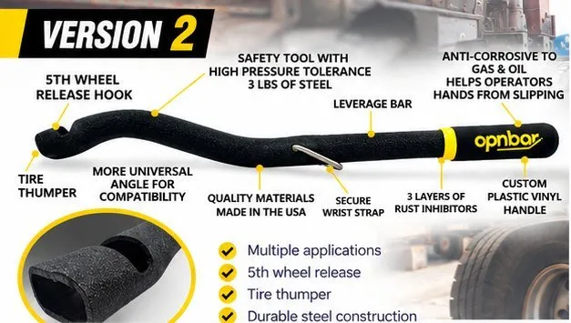 OPNBar Version 2 leverage bar with 5th wheel release hook, tire thumper and labeled features